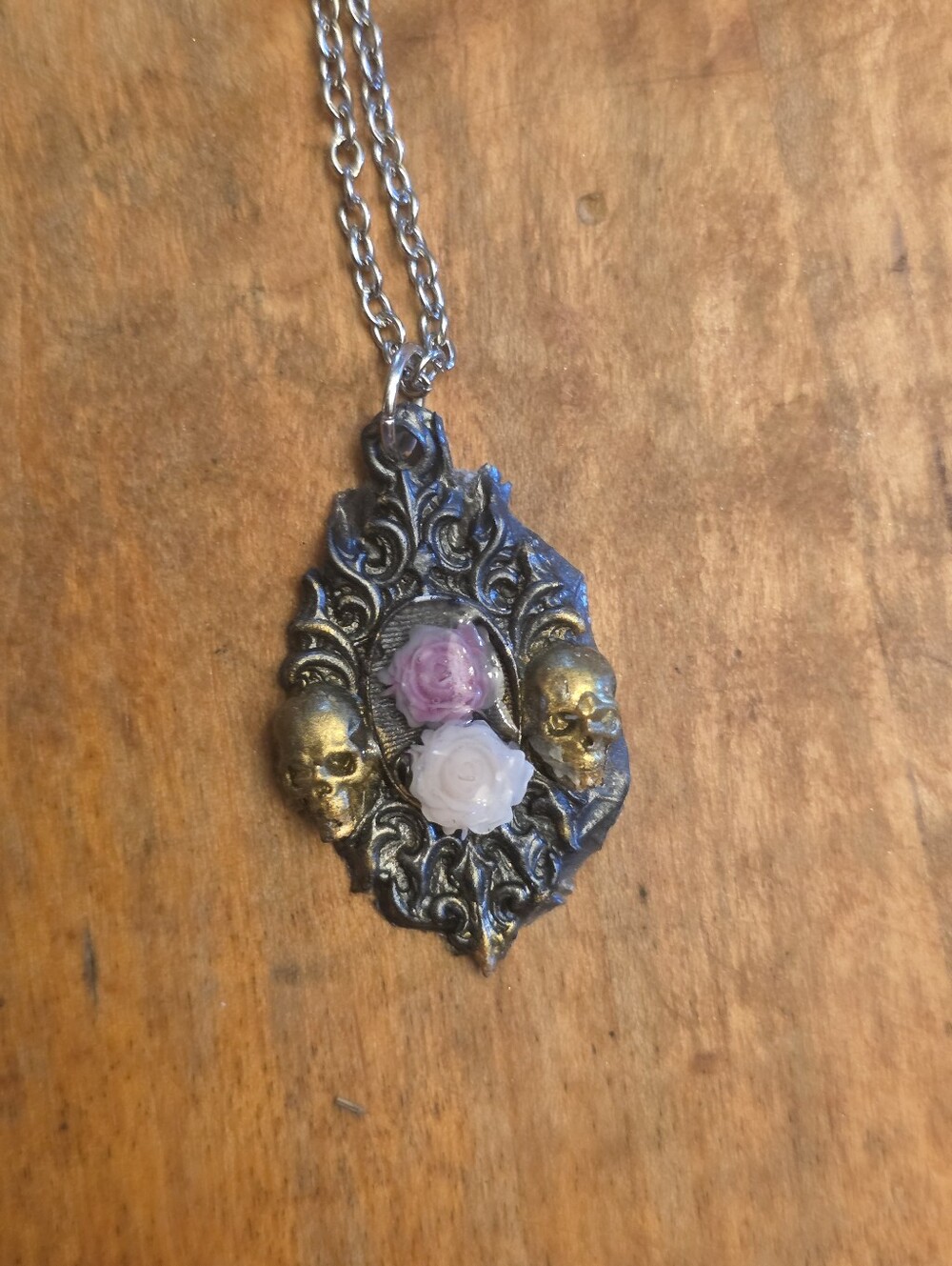 Skeleton Resin Frame With Roses Adorned In Center On Silver-tone Chain Necklace